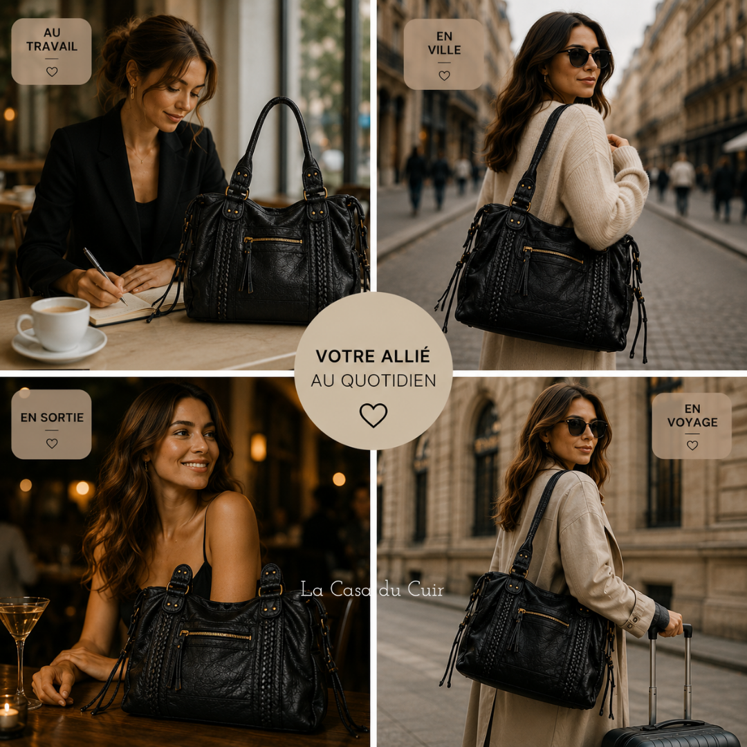 Sac Cabas Cuir Femme Tendance -  Anne Noir / Cuir Vegan