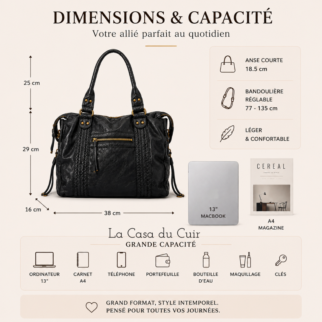 Sac Cabas Cuir Femme Tendance -  Anne Noir / Cuir Vegan
