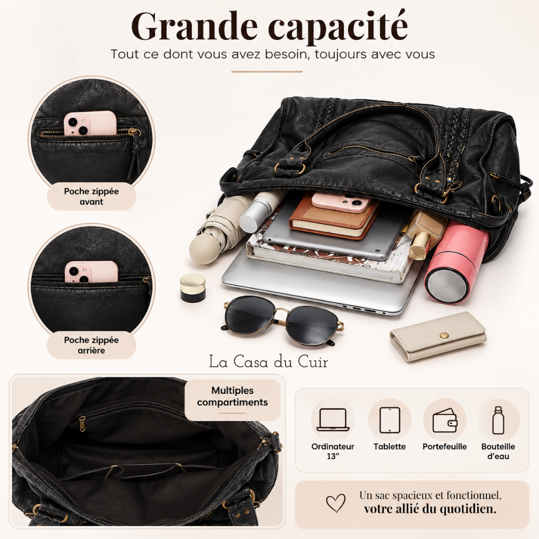 Sac Cabas Cuir Femme Tendance -  Anne Noir / Cuir Vegan