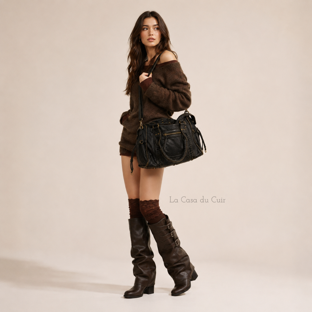 Sac Cabas Cuir Femme Tendance -  Anne Noir / Cuir Vegan