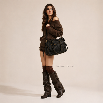 Sac Cabas Cuir Femme Tendance -  Anne Noir / Cuir Vegan