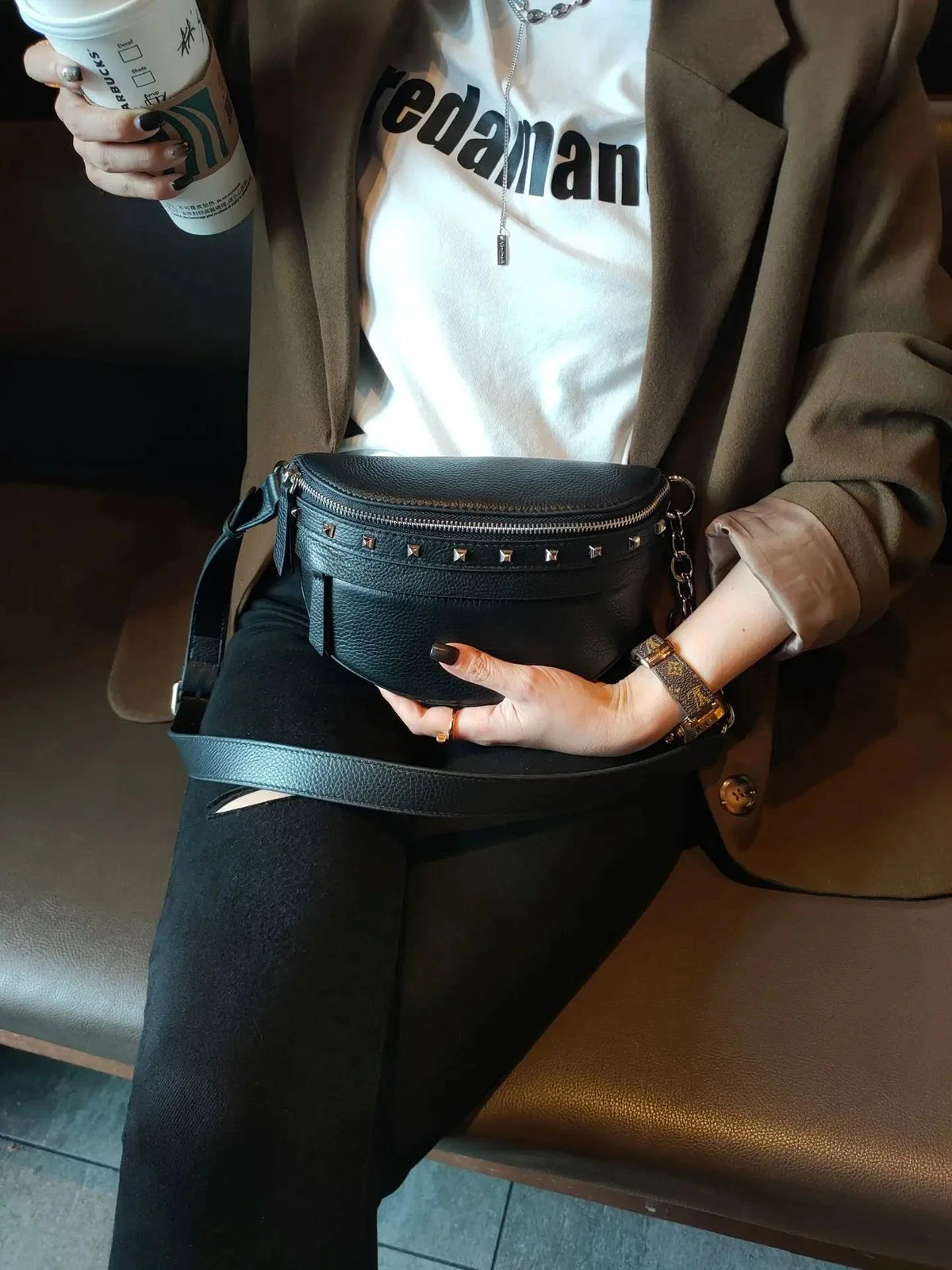 Sac Banane Cuir Noir Femme Noir / 23x15x8cm / Cuir Sac Cuir