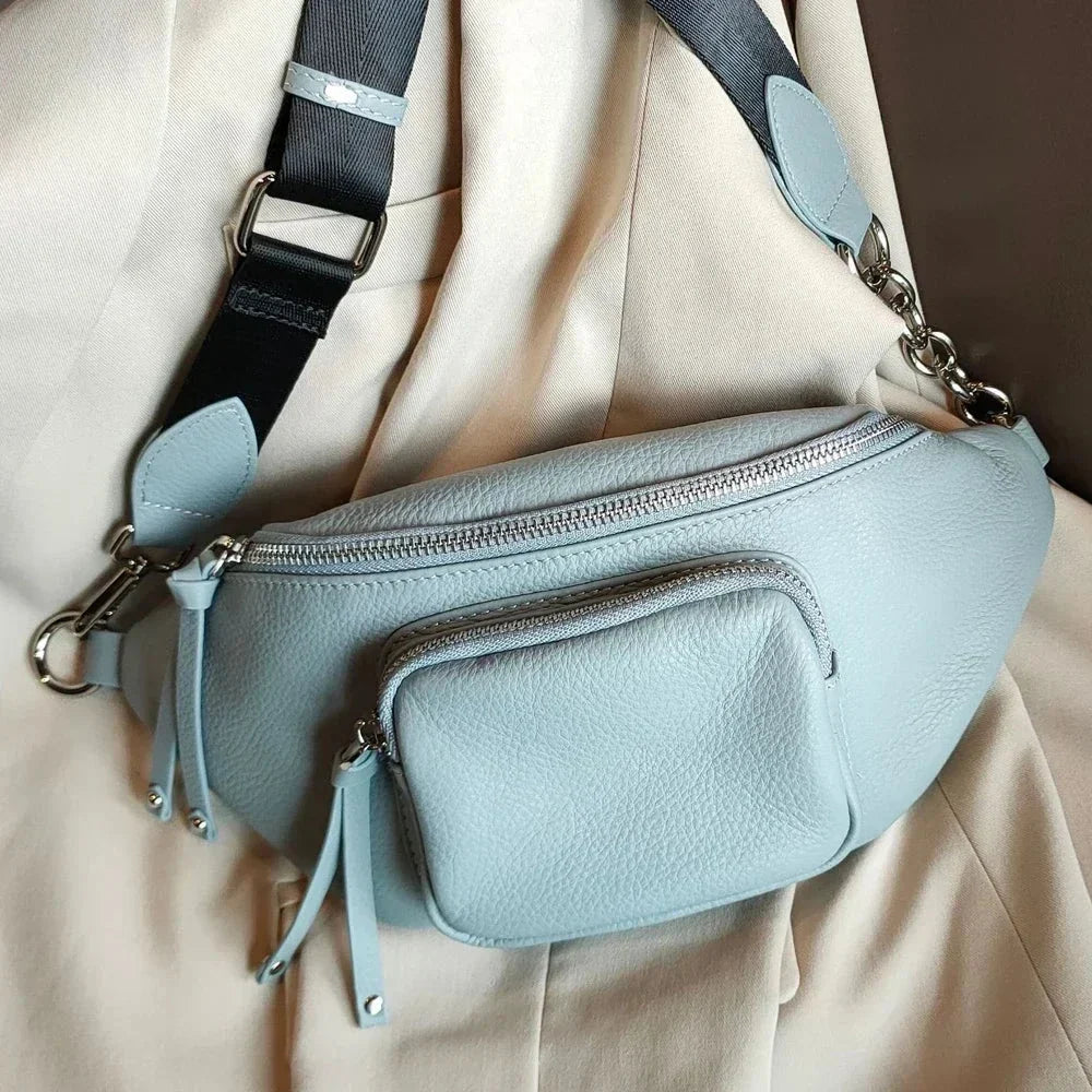 Sac Banane Femme Chic en Cuir Bleu / 30x15x9cm / Cuir Sac Cuir