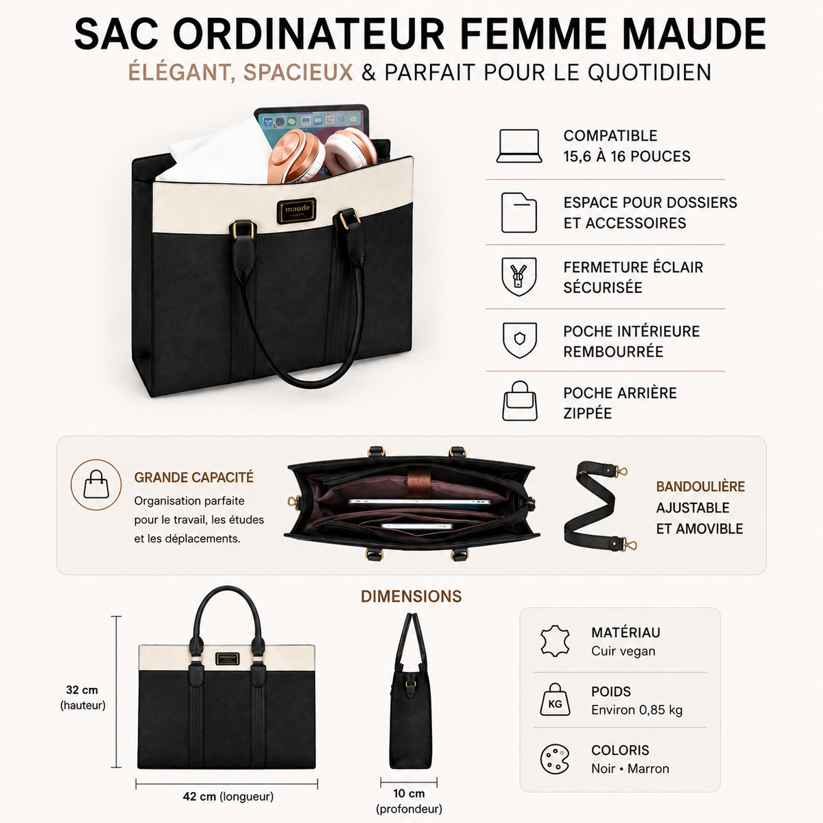 Sac Bureau Femme Maude | Sac Ordinateur Femme Chic 16"