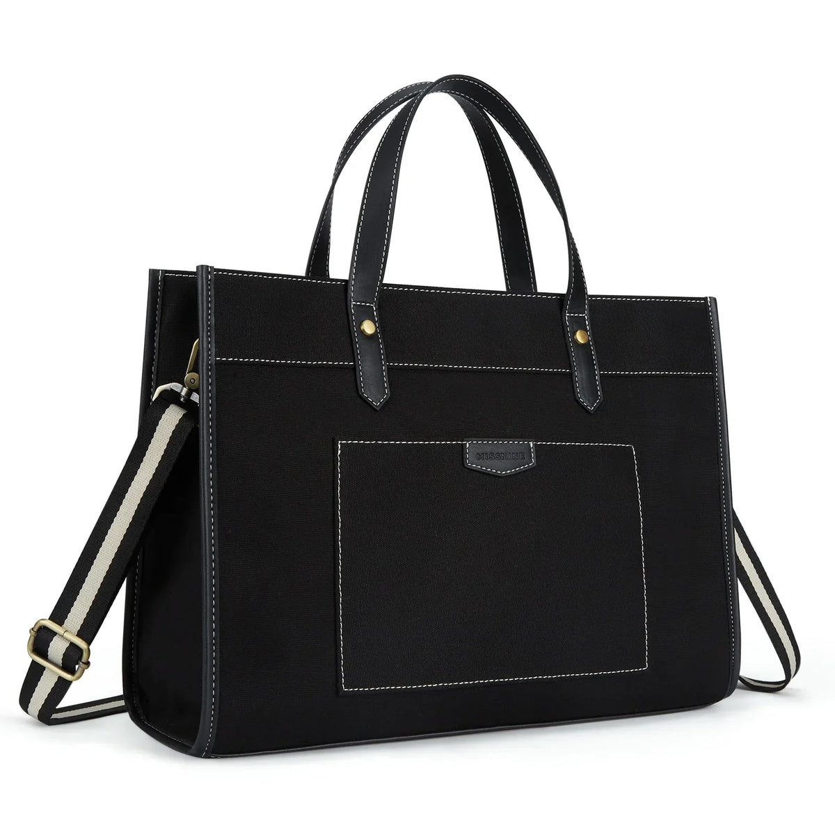 Tote Bag Siena – Sac de Cours Femme Tendance Noir / Canva + Cuir Vegan Sac Ordinateur
